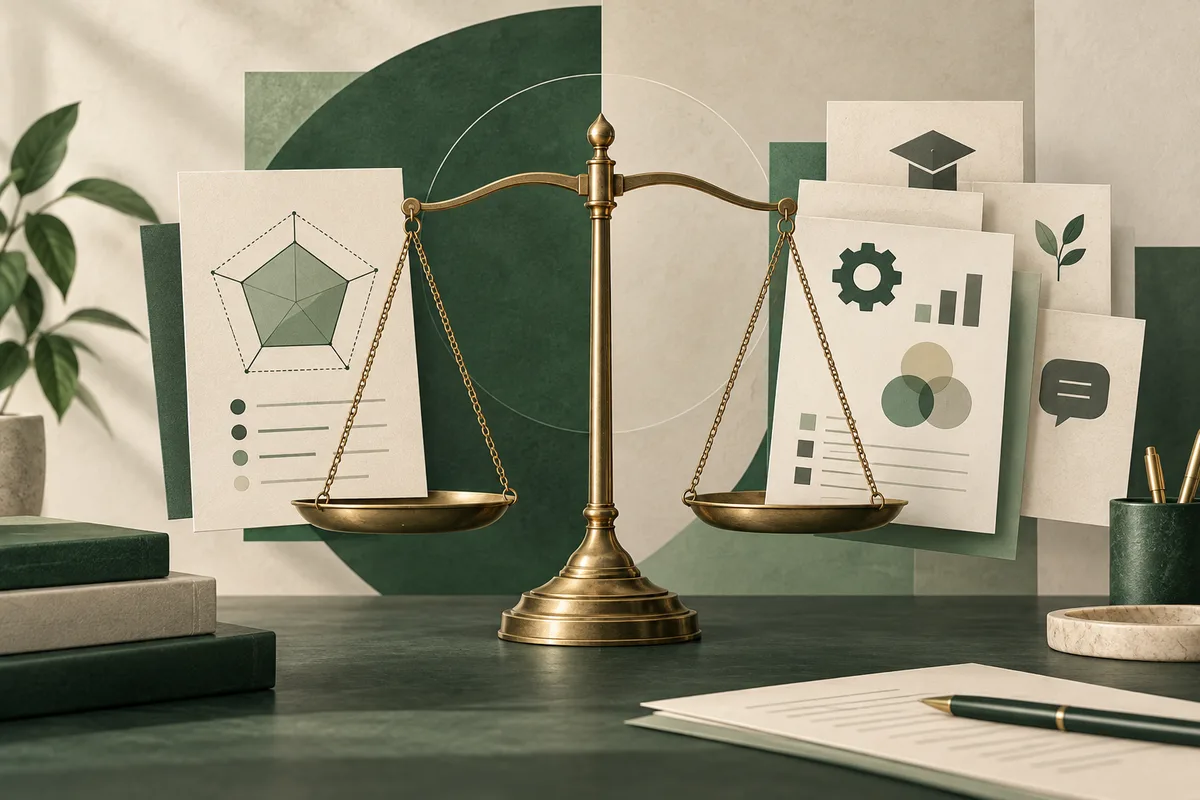 Brass balance scales stand between two illustrated report pages on a desk; one page shows a pentagon diagram and the other shows gear, bar-chart, and overlapping-circle icons.