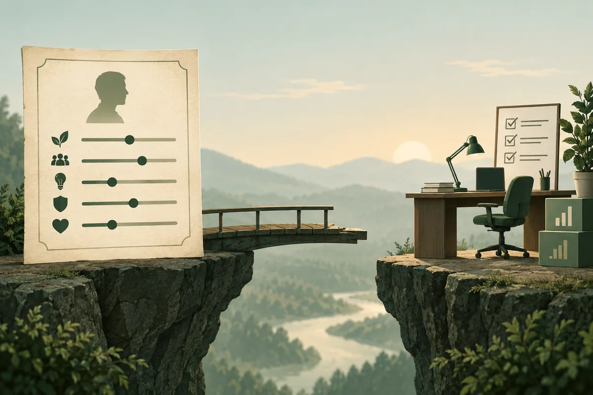 A profile card with five horizontal indicators sits on one rocky cliff, facing a desk with a chair, lamp, checklist, and bar-chart boxes on another cliff, with a narrow bridge between them.