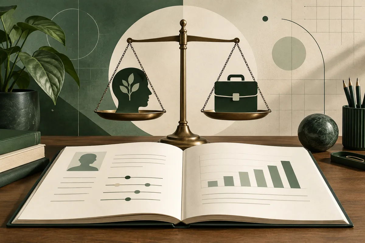 An open book with profile lines and a bar chart sits beneath brass balance scales holding a head silhouette with a leaf and a briefcase, with a plant and books nearby.