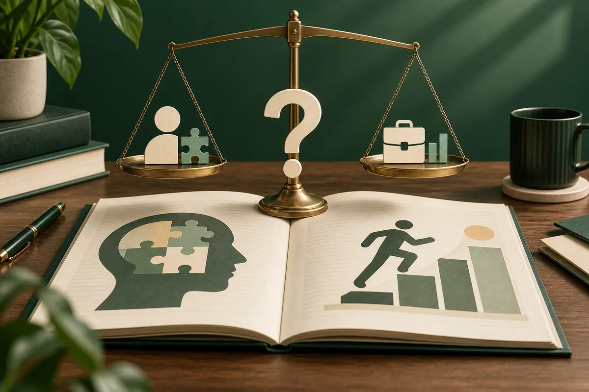 Brass balance scales hold a person-and-puzzle-piece symbol on one side and a briefcase with bar charts on the other, above an open book showing a puzzle-filled head and a rising bar chart with a running figure.