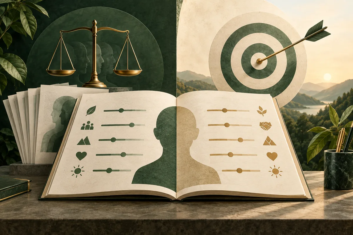 An open book with profile silhouettes and horizontal markers sits beneath a balance scale and a bullseye target with an arrow.
