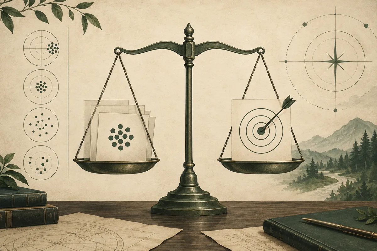 A balance scale holds a sheet with clustered dots on one side and a target with an arrow on the other, surrounded by circular diagrams and landscape imagery.