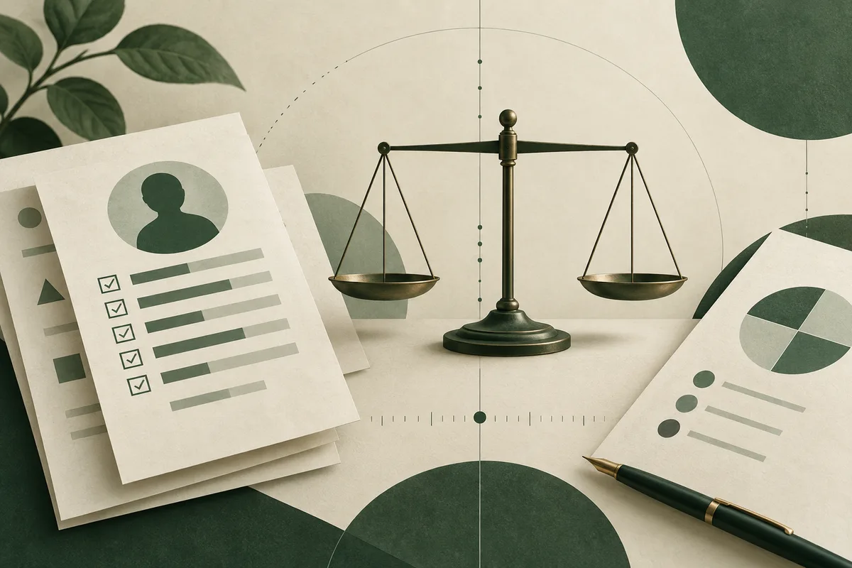 A small balance scale is centered between checklist pages and a page with a pie chart, dots, and horizontal markers.