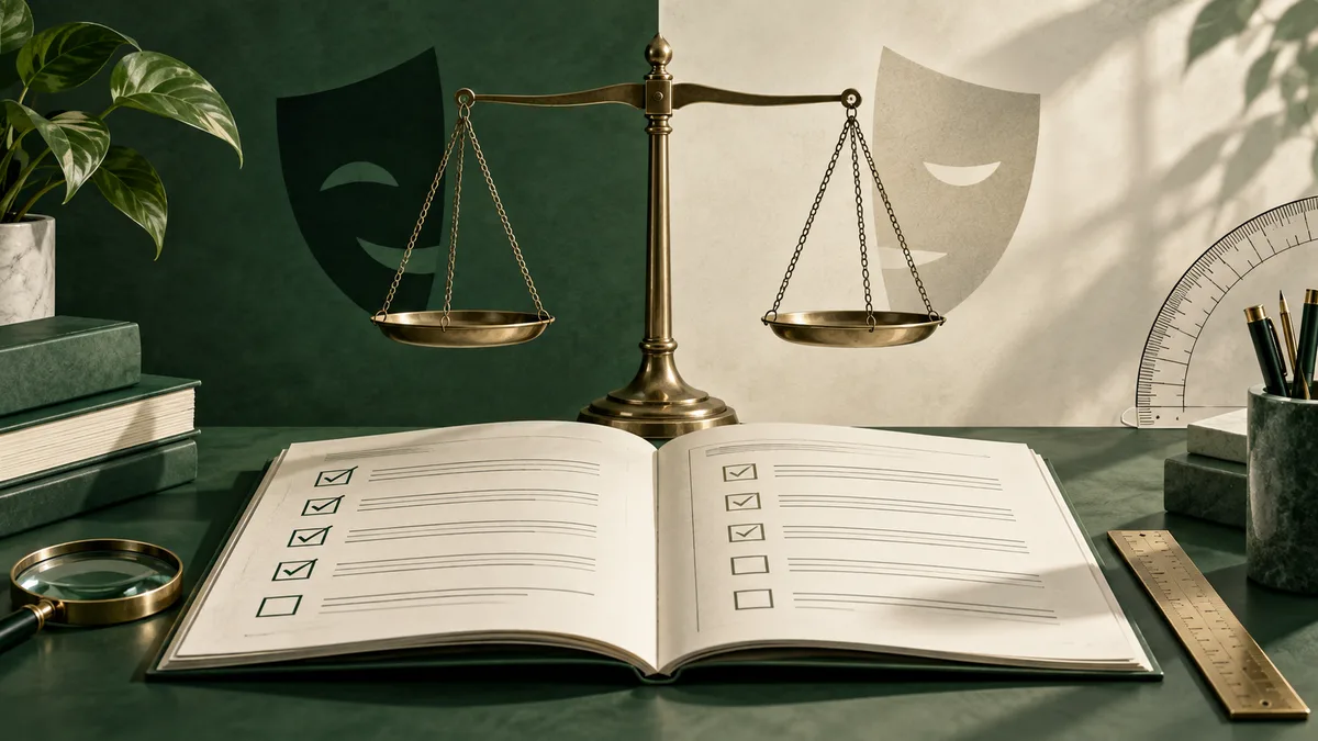 An open checklist book sits beneath a brass balance scale, with dark and light theatrical masks on the wall behind it. Books, a magnifying glass, a ruler, pencils, and a potted plant surround the scene.