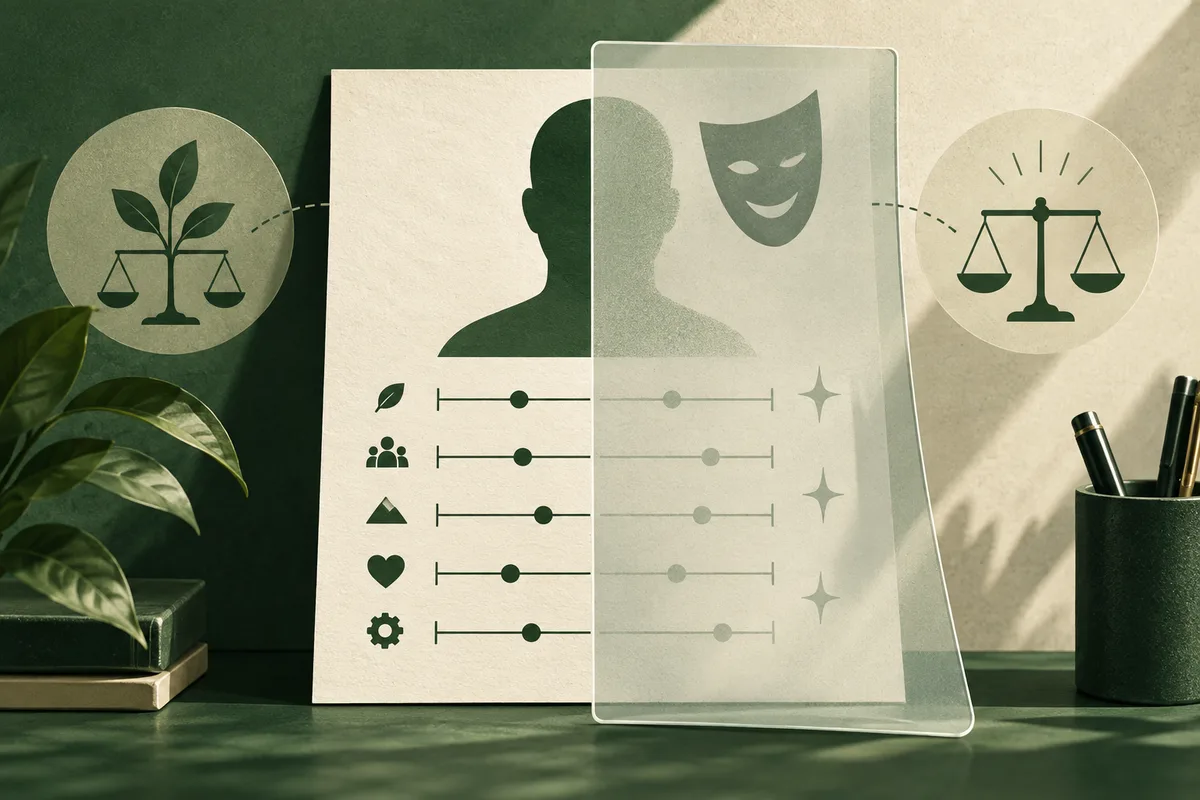 A profile silhouette and a smiling theatrical mask appear on overlapping panels above rows of slider marks and small icons. Circular illustrations of a plant with scales and a balance scale sit on either side.
