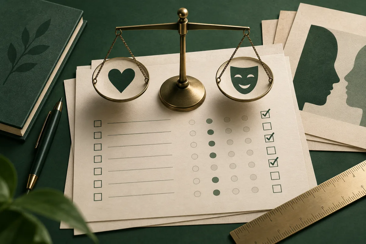 A brass balance scale rests on a questionnaire sheet, with a heart symbol in one pan and a smiling theatrical mask in the other. Checkboxes, rows of circles, profile cards, books, a pen, and a ruler are visible around it.