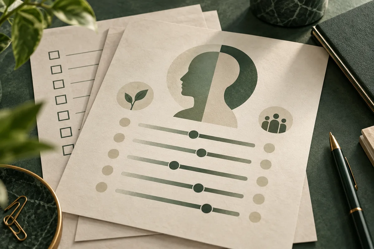 A sheet displays a split profile silhouette above five horizontal slider lines with dark circular markers. Leaf and group icons flank the design, while another checklist sheet, a pen, books, and paper clips sit nearby.