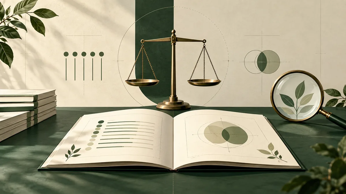 Open book with abstract charts on a green table, a balance scale behind it, and a magnifying glass over a leaf at right.