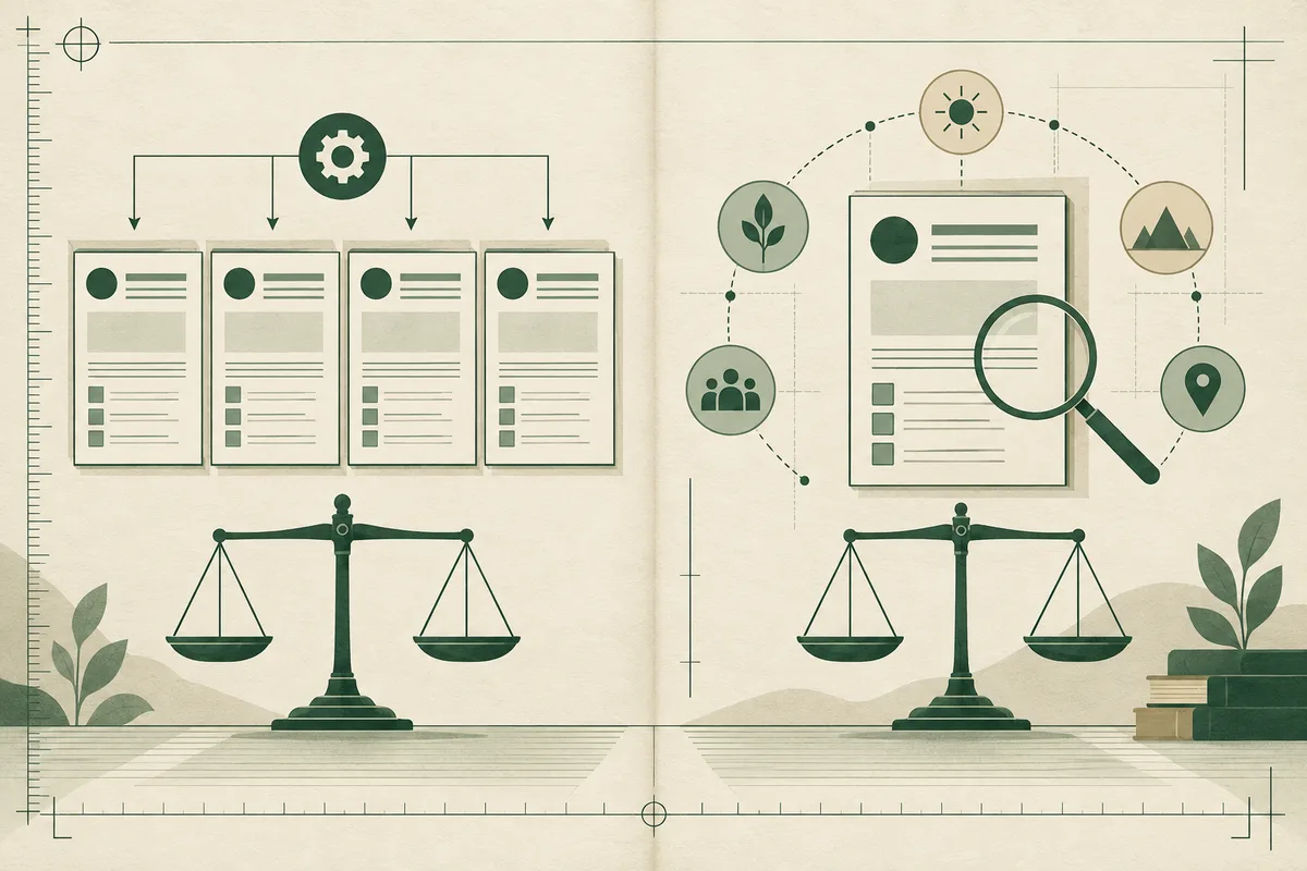Illustrated two-page layout showing document cards, balance scales, a magnifying glass, and surrounding icons including leaves, a sun, mountains, a group of people, and a location pin.