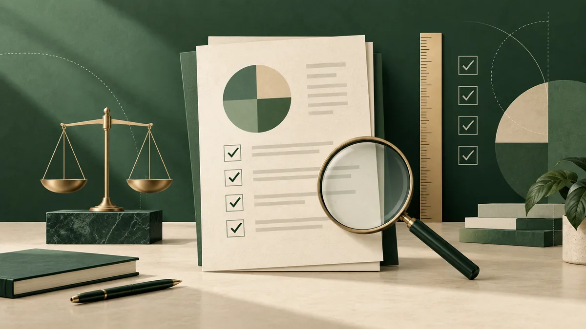 Still life with a brass balance scale, report pages showing a pie chart and checkmarks, a magnifying glass, a ruler, books, and a pen on a green-and-cream desk.