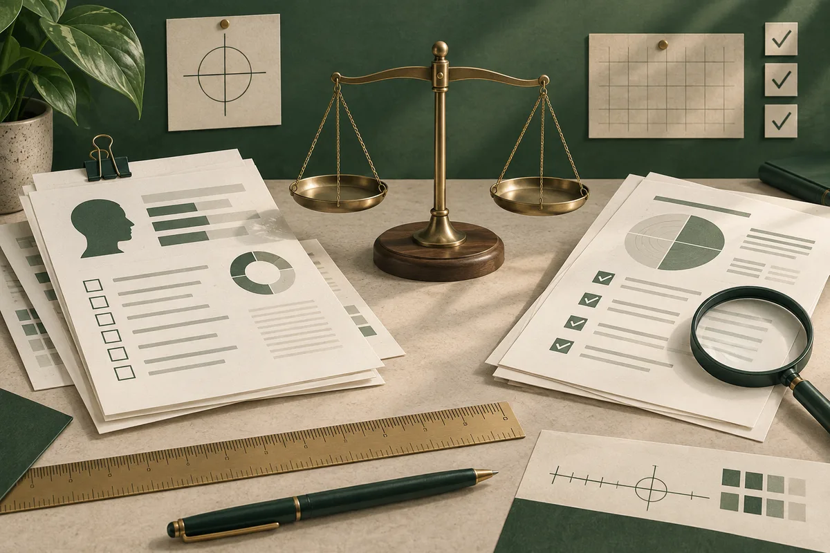 Desk scene with a brass balance scale between two stacks of report pages, including profile silhouettes, charts, checkboxes, and a magnifying glass, with a ruler and pen in front.
