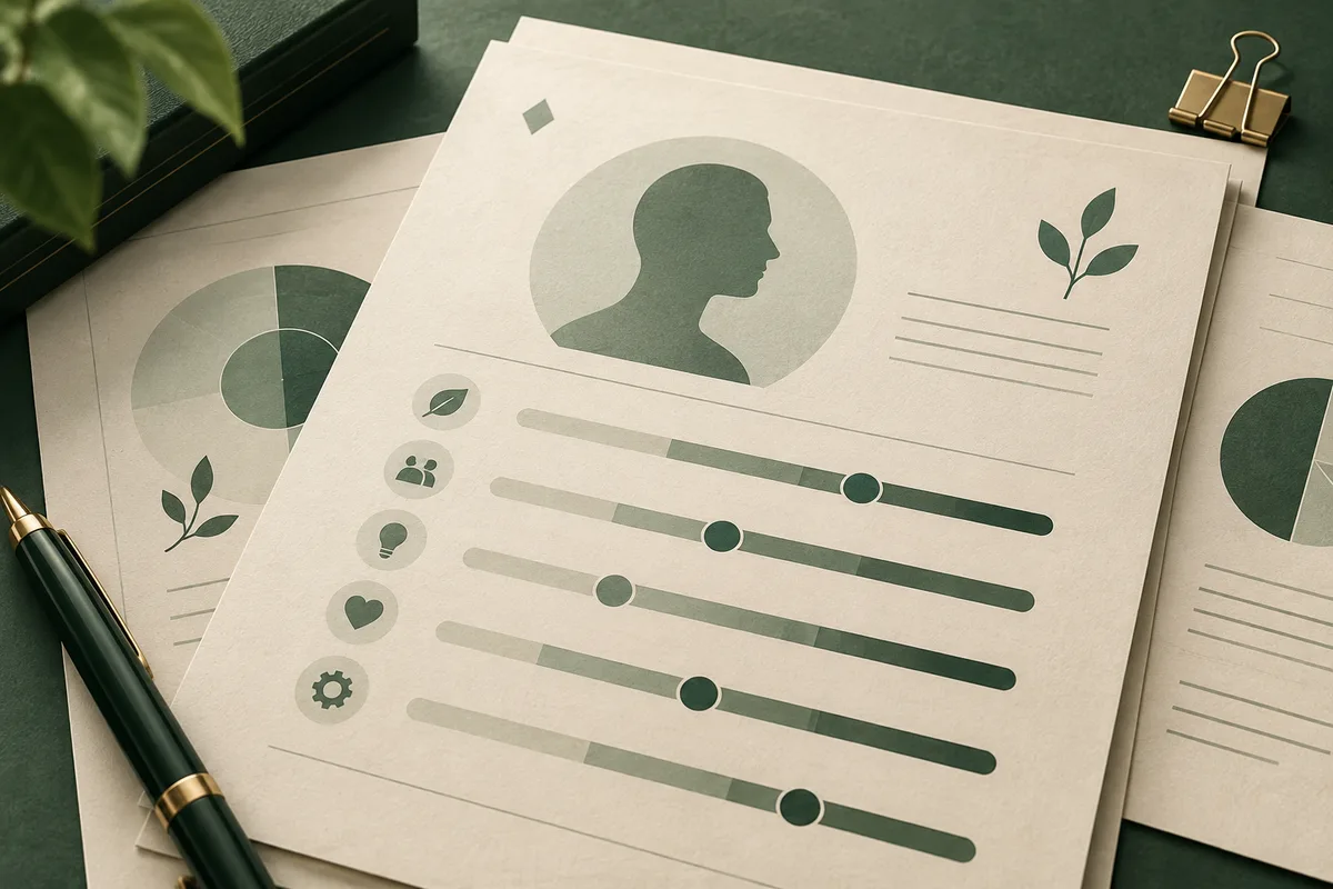 Close-up of a report page with a profile silhouette, five horizontal slider bars with circular markers, small icons, and partial pie charts on surrounding pages.