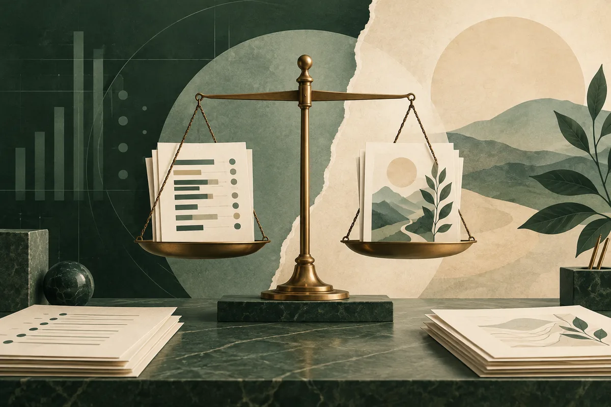 A brass balance scale holds report pages with simple bars and dots on one side and a landscape with a leafy branch on the other. More papers rest on a dark green desk against a green and cream background.