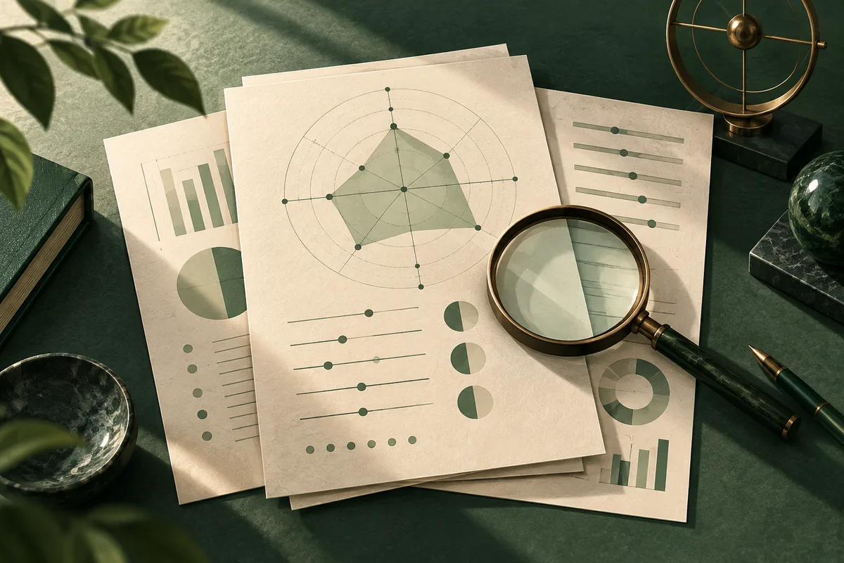 Cream report sheets with charts and a radial diagram lie on a dark green desk, with a magnifying glass over the pages.