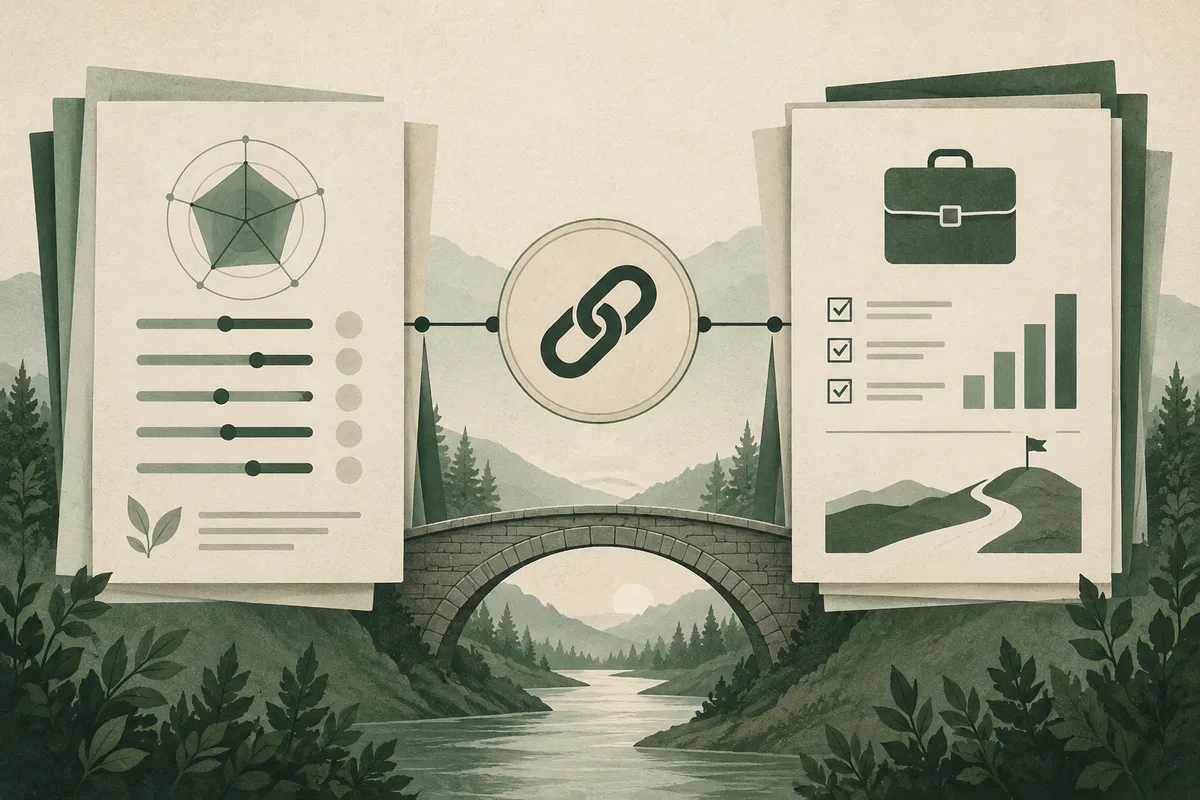 Green-and-cream illustration of report pages with charts and checklists, linked by a chain symbol above a bridge and river landscape.