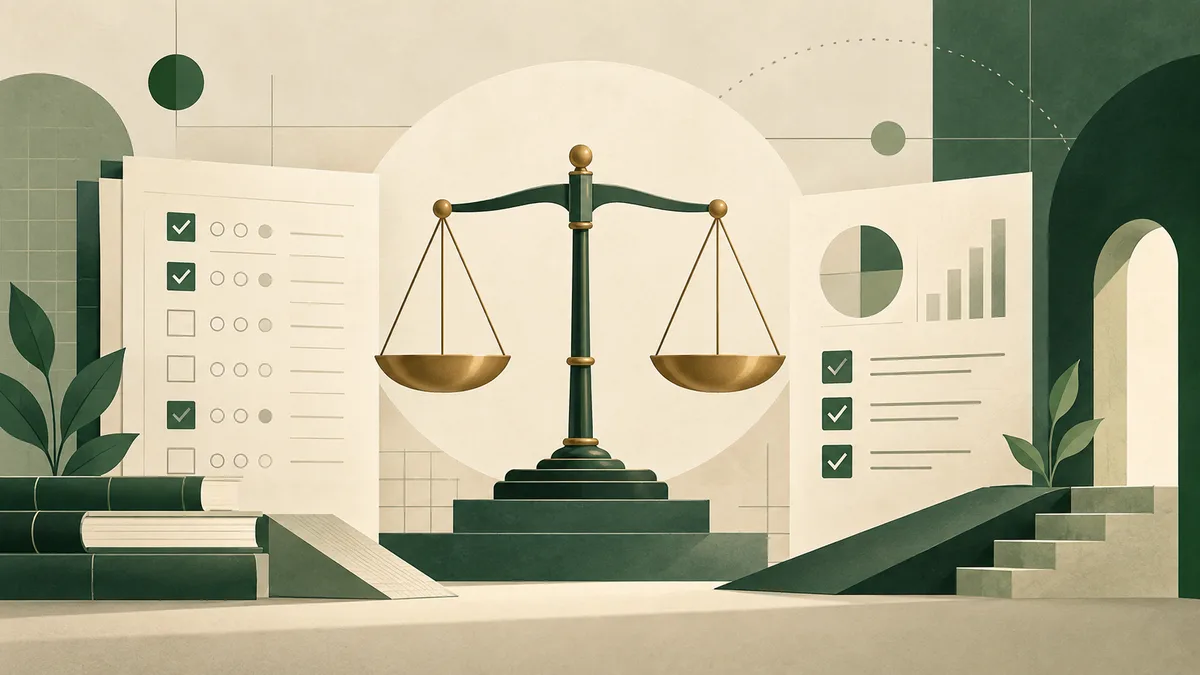 A green-and-cream illustration of balanced scales between two checklist pages, with books, plants, geometric shapes, and steps around them.