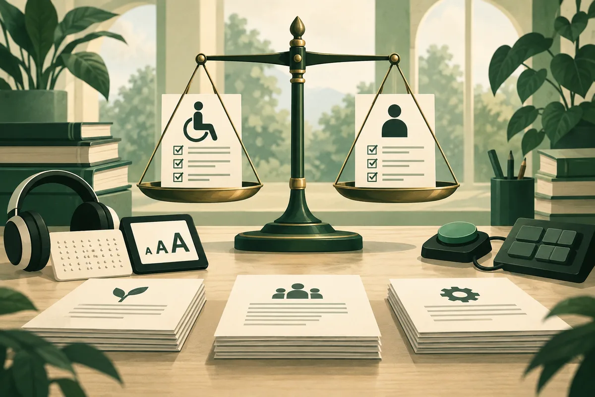 A balanced scale holds pages with wheelchair and person symbols; a braille card, letter-size display, large button, keypad, books, and document stacks sit on a table.
