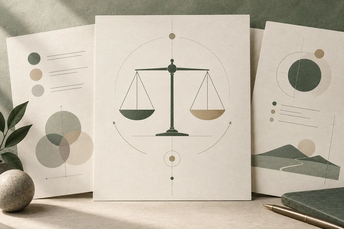 A green balance scale stands between two pale report pages marked with circles and fine lines; a small plant and pencil frame the scene.