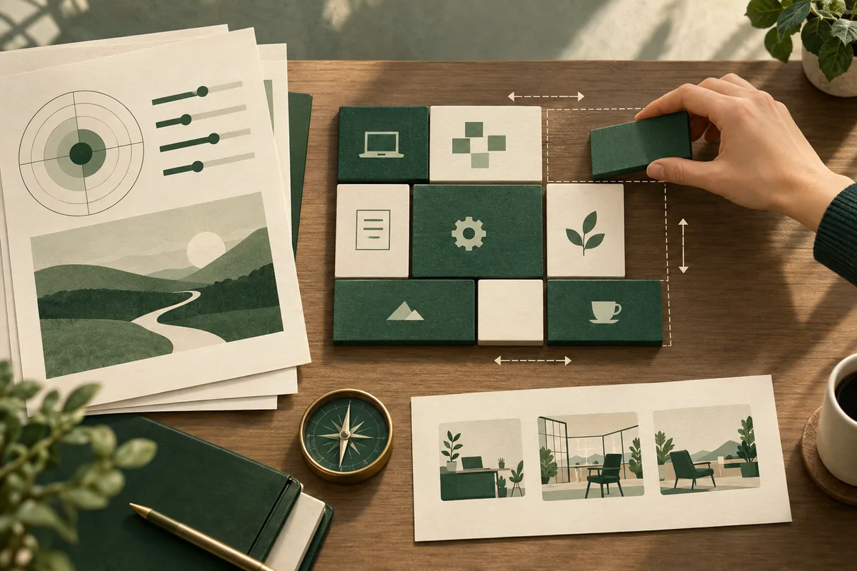 A hand arranges green and cream symbol tiles on a wooden desk beside report pages with a circular chart, sliders, and small office illustrations.