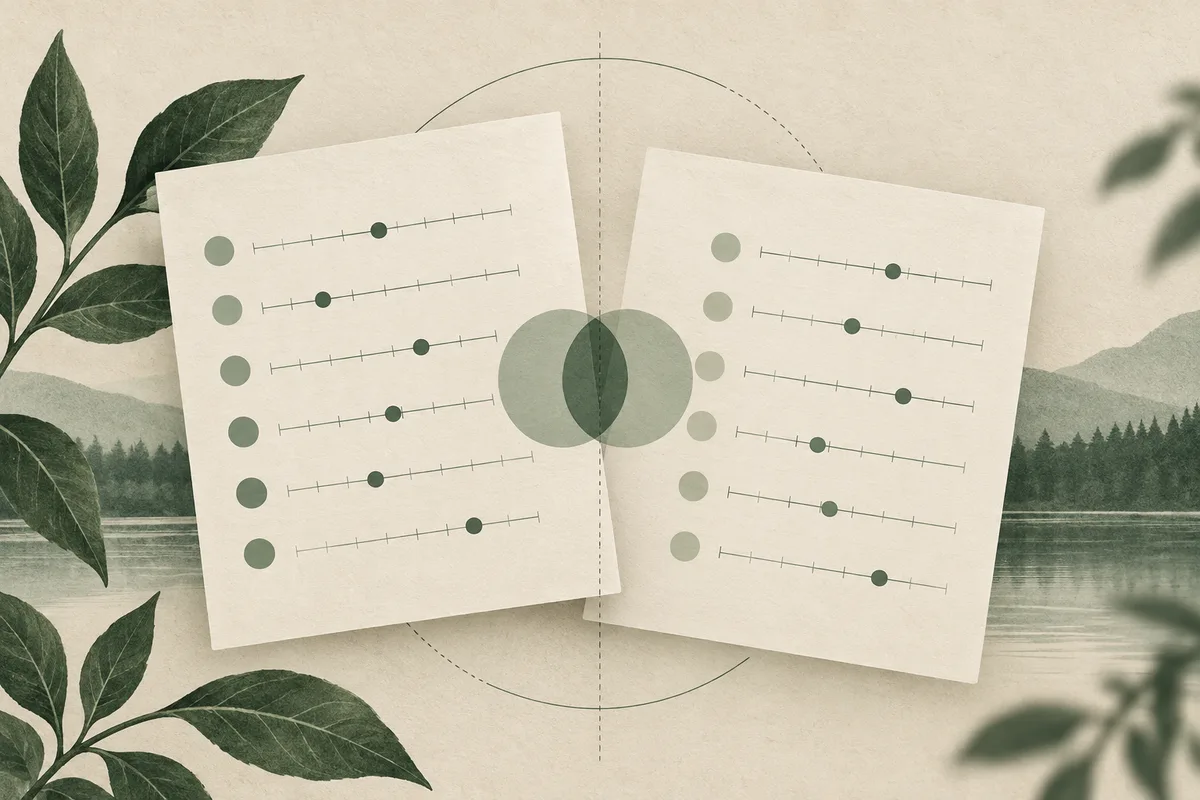 Two paper sheets with rows of marked scales overlap at the center, against a lake and forest backdrop with large leaves at the edges.