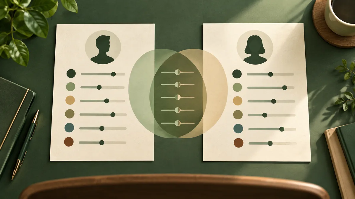 Two report sheets with silhouette icons and colored scale rows sit side by side on a green desk, with overlapping translucent circles between them.