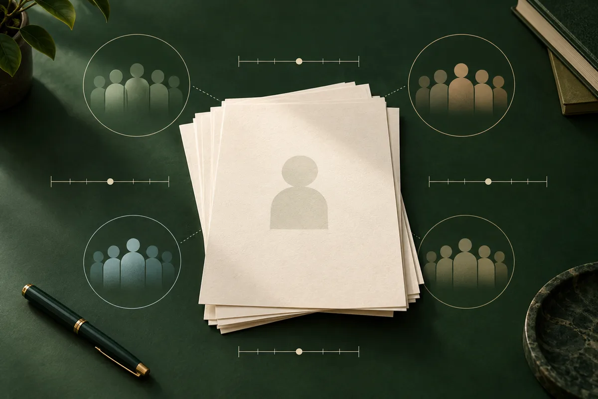 A stack of blank cream pages with a person icon sits on a dark green surface, surrounded by circles of small silhouettes, tick-mark scales, a pen, and plant leaves.