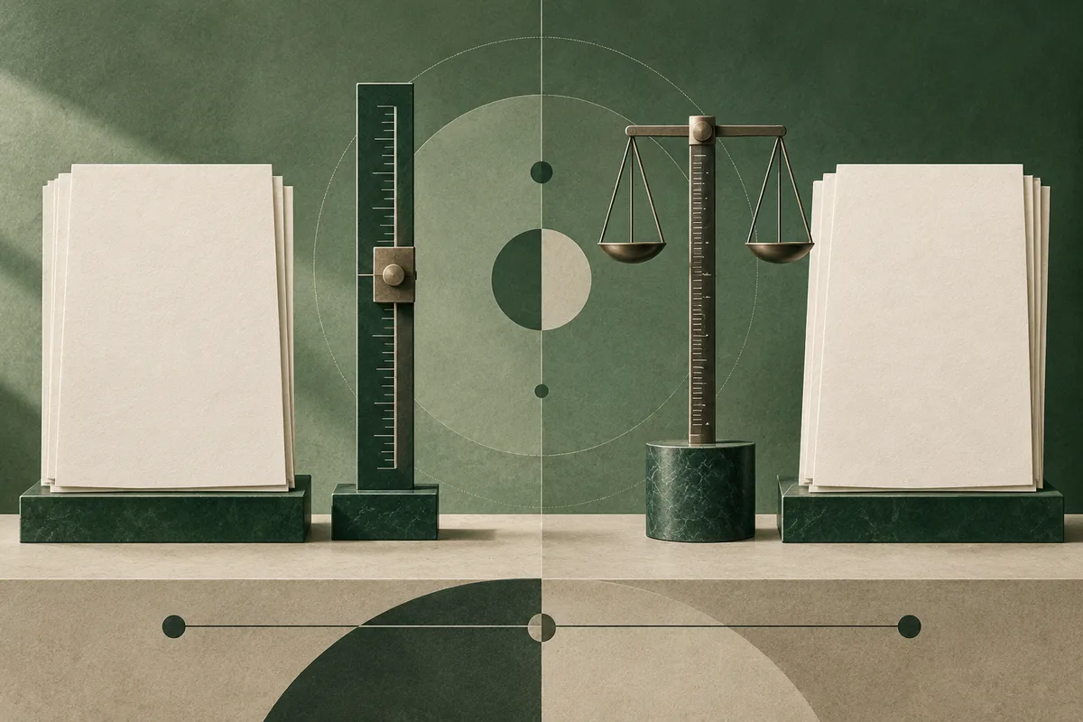Two stacks of blank cream pages flank a vertical ruler and balance scale against a green geometric background.