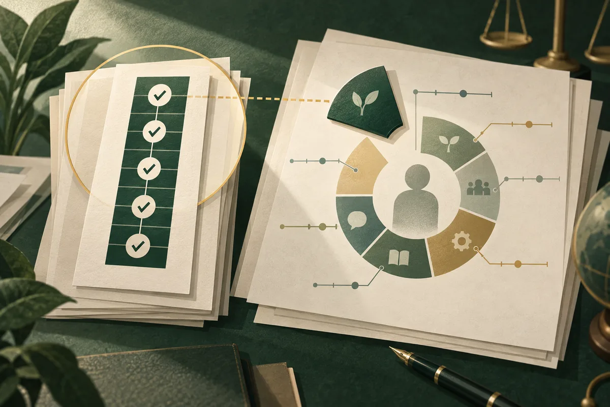 Overlapping report pages show a vertical checklist beside a circular diagram with a person-shaped icon and small charts, books, and group symbols.