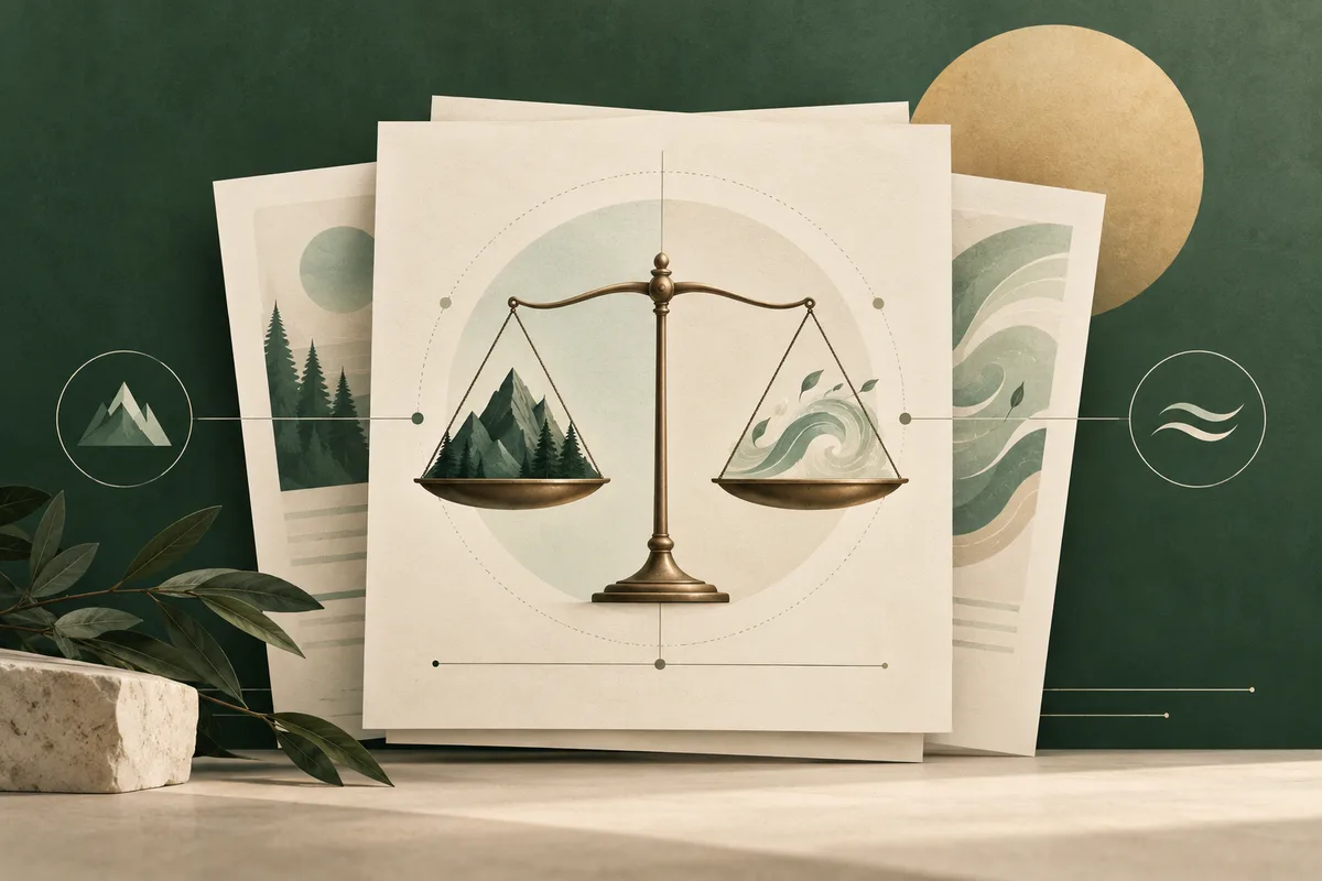 A brass balance scale holds a miniature forest on one side and flowing green waves on the other, in front of layered report pages against a dark green background.