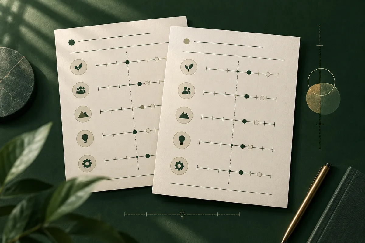 Two overlapping cream pages display rows of ticked scales, dots, and small icons on a dark green surface, with leaves and a pen nearby.
