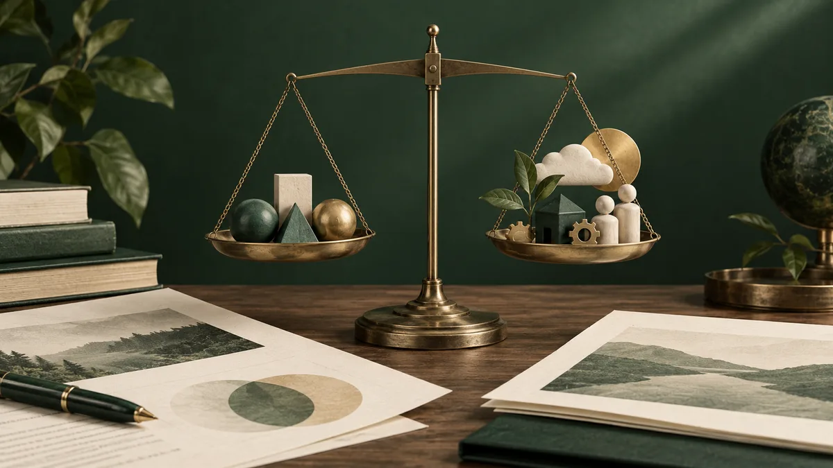 A brass balance scale holds geometric shapes on one side and a cloud, plant, house, gears, and abstract figures on the other; papers with landscape images, a circular diagram, books, a pen, and a globe surround it.
