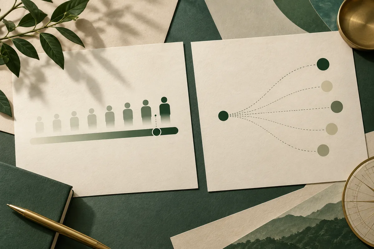 Two cream-colored sheets show a row of rising person-shaped icons above a green scale and dotted branches leading to colored circles. A leafy branch, pen, and partial circular dial surround the papers.