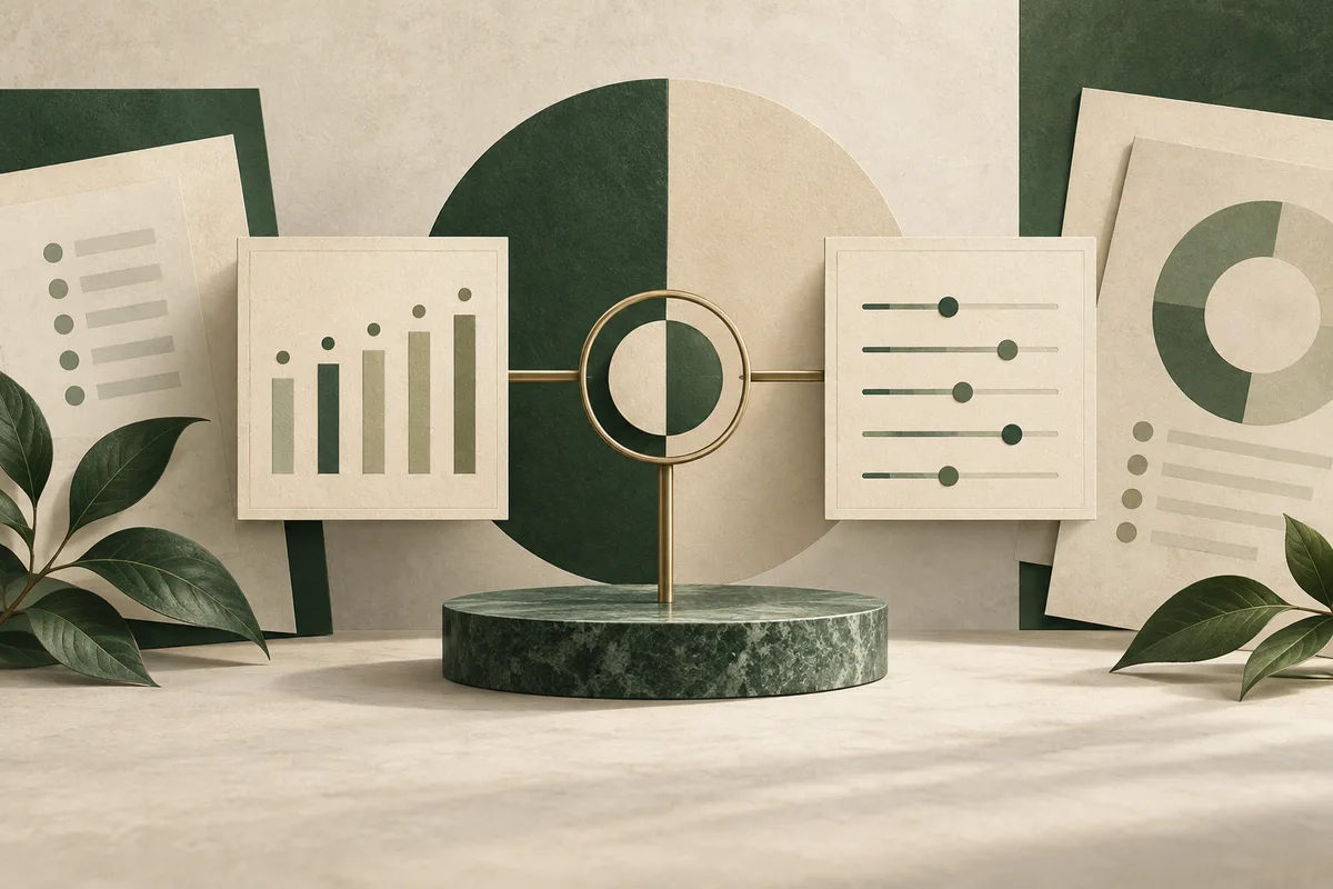 A magnifying glass centers on a two-tone circle between panels showing a bar chart and horizontal sliders, with pie charts, report pages, and leaves in the background.