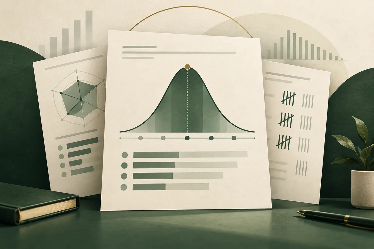 Editorial still life of report-like pages with abstract, illustrative charts and tally marks; the unlabeled bell curve and bars are decorative, not actual HPI norms, results, or scores.