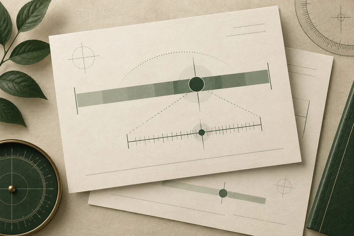 Overlapping cream report sheets show green segmented and tick-marked scales with circular calibration marks, framed by dark green leaves and part of a round dial.