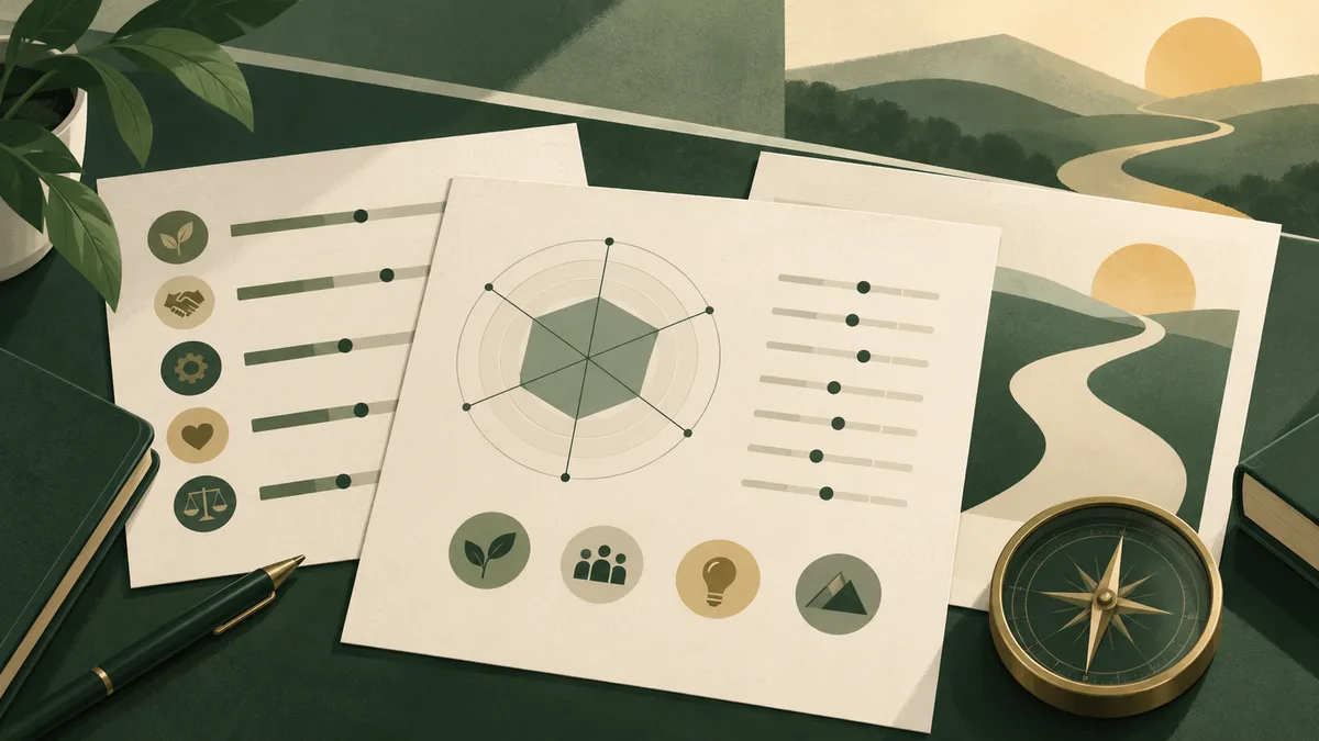 Cream report sheets show a radial chart, rows of sliders, and circular icons beside a plant, pen, and compass, with a winding path through green hills in the background.