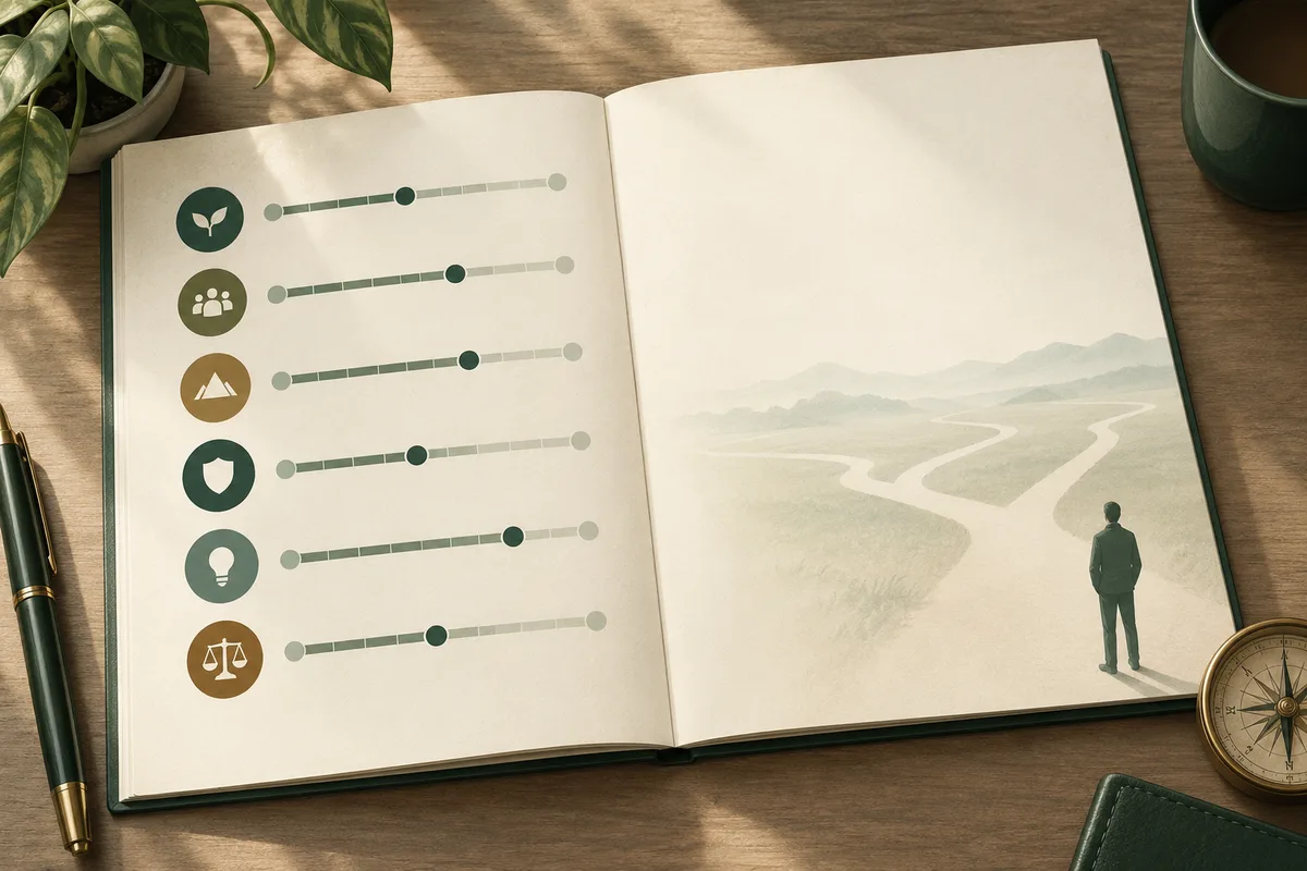 An open book shows rows of slider scales on one page and a small figure facing branching paths across a pale landscape on the other.