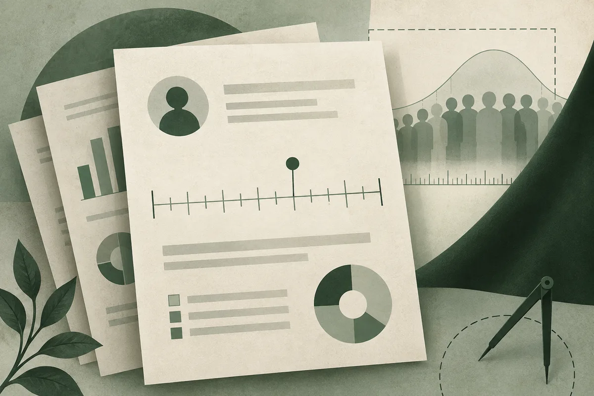 Layered report pages show a person icon, a marked measurement scale, and a segmented chart, with a row of silhouettes beneath a curve in the background.