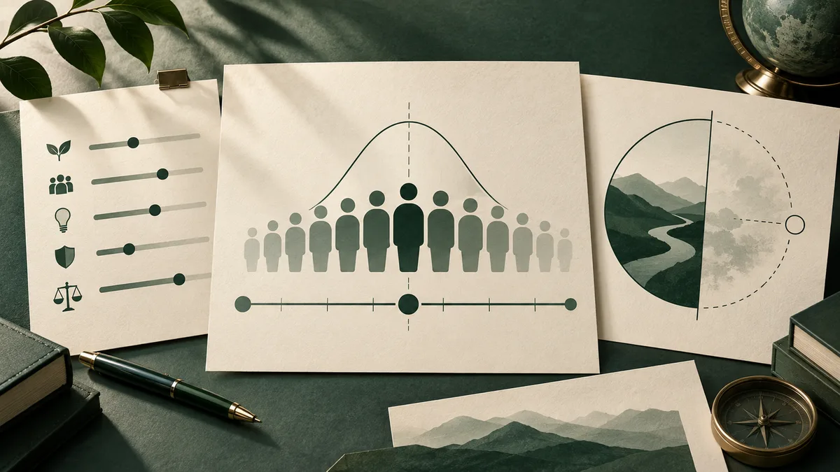 Cream report sheets show sliders, a percentile-style curve above simple figures, and a compass on a dark green desk.