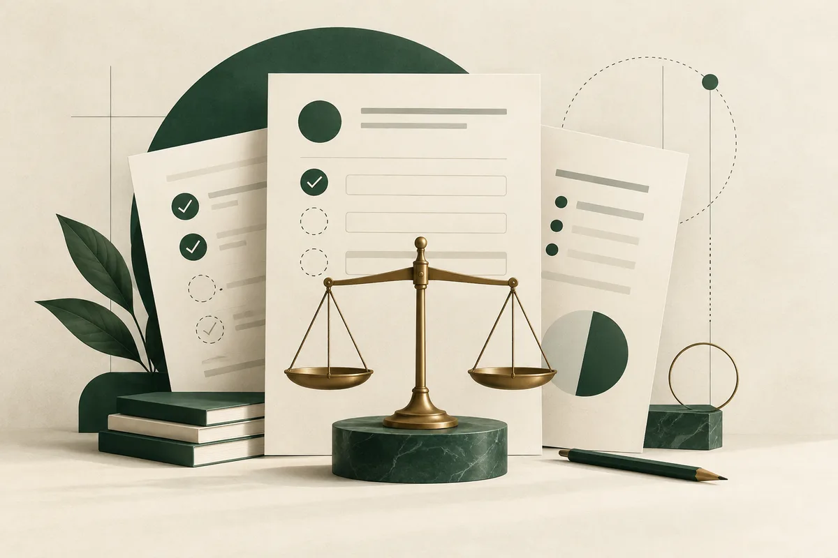 Brass balance scales on a green marble base in front of illustrated report pages, with stacked books, a pencil, leaves, and geometric shapes.