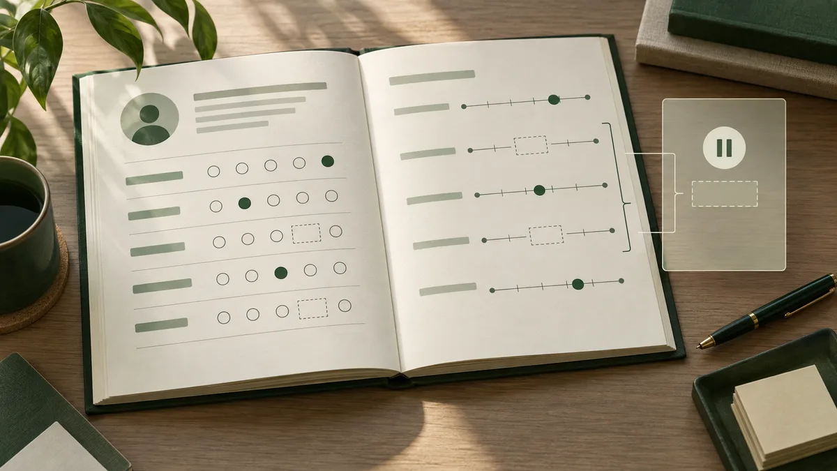 An open report notebook shows rows of circles, green dots, lines, and empty outlined boxes on a wooden desk beside a pen, books, a plant, and a cup.