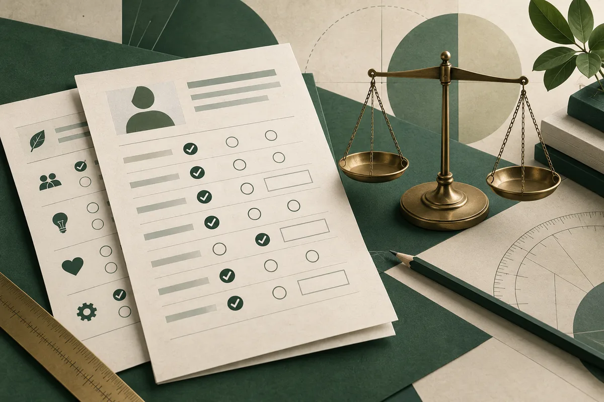 Overlapping illustrated forms with green icons and checkmarked circles lie beside brass balance scales, a ruler, a pencil, leaves, and a circular measuring graphic.