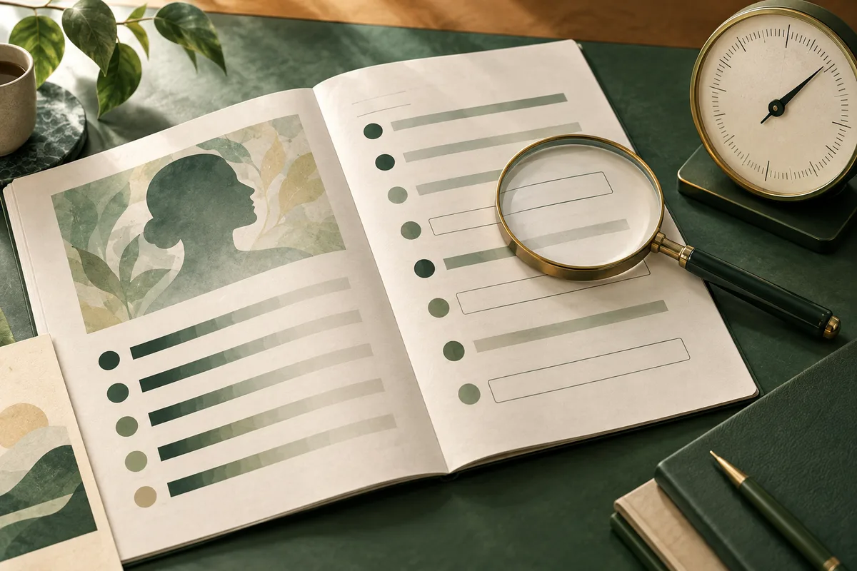 An open booklet shows a profile silhouette, colored dots, lines, and empty outlined boxes beneath a magnifying glass, beside a round dial, pens, books, and leaves.