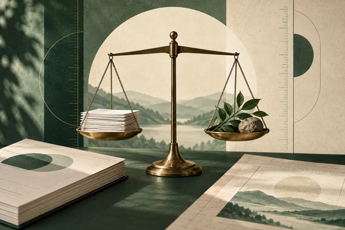 A brass balance scale holds stacked papers on one side and green leaves with a stone on the other, with open report pages and a mountain landscape behind it.