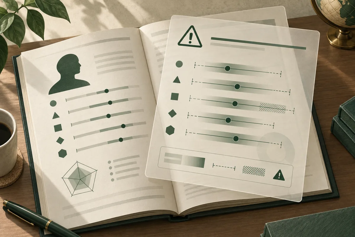 An open illustrated report book shows a profile silhouette, symbol-marked horizontal scales, a polygon chart, and a translucent page with a warning symbol.