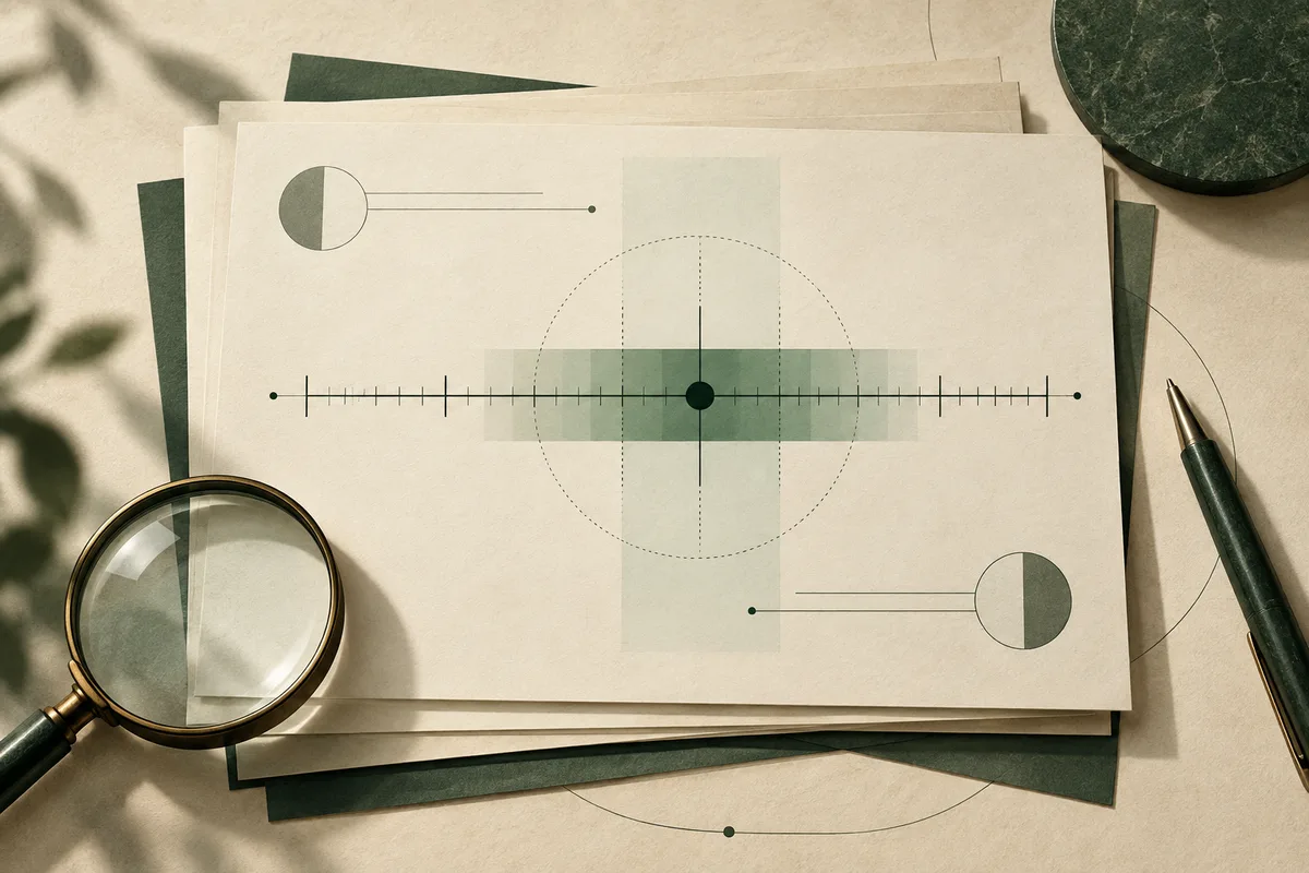 A magnifying glass rests on report pages showing a horizontal scale with a central marker, shaded bands, and circular diagrams.