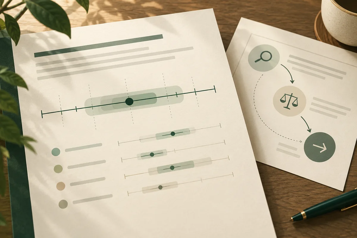 Report pages show several horizontal scales with shaded ranges and markers beside a flow diagram with a magnifying glass, balance, and arrow.