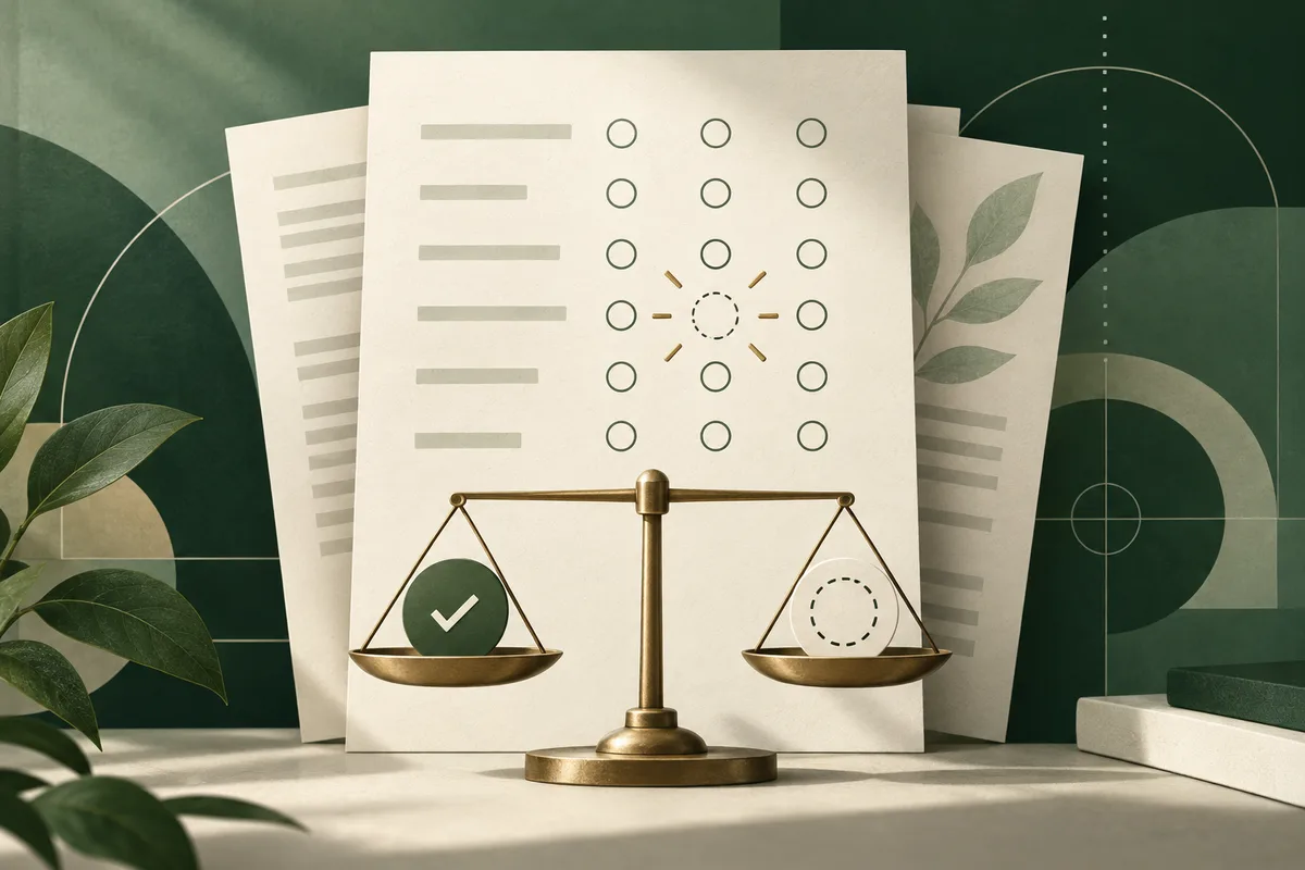 Brass balance scale in front of cream-colored papers with rows of circles, including a checkmark and an unmarked dashed circle, surrounded by green leaves.