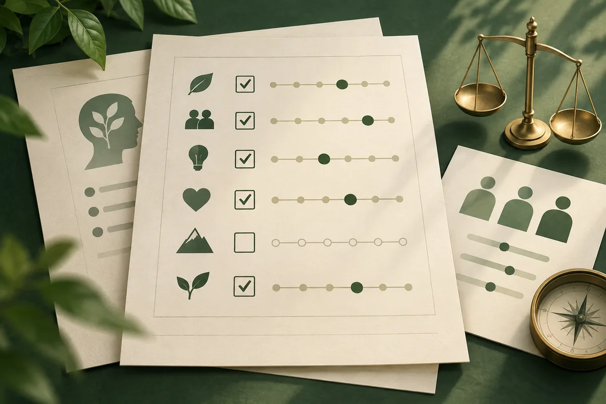 Cream worksheet with green leaf, group, lightbulb, heart, mountain, and sprout icons, checkboxes, and horizontal rows of circular markers beside a brass balance scale.