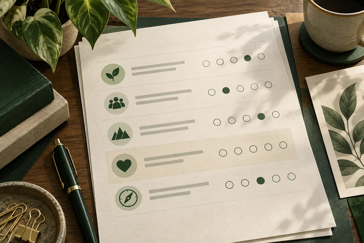 Overhead view of a cream worksheet with green icons and rows of outlined and filled circles on a wooden desk beside a pen, books, plants, paper, and a cup.